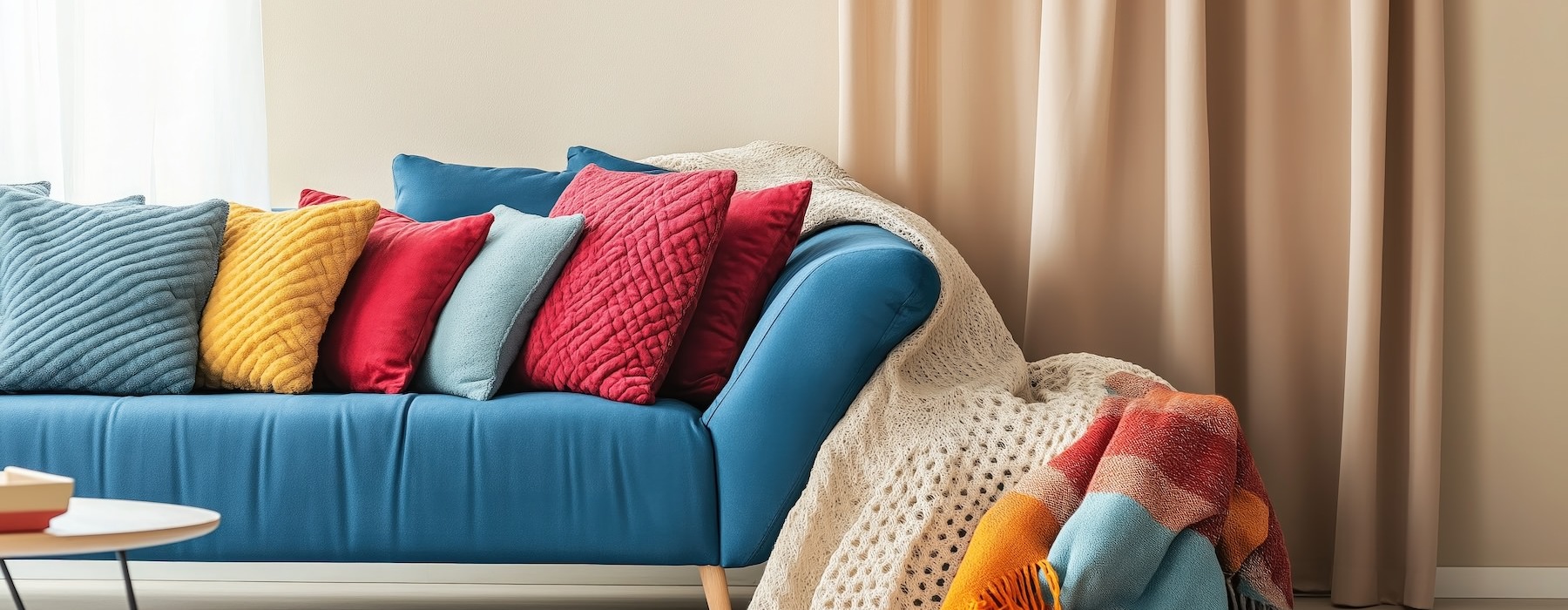 a couch with pillows and blankets on it and a coffee table in front of it